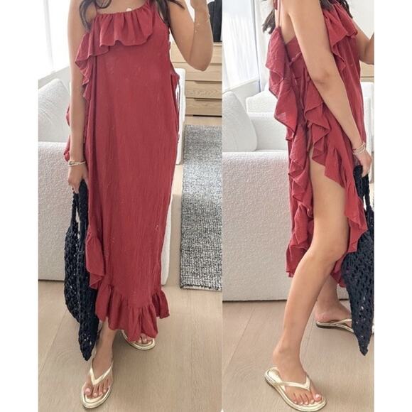 J. Crew One Shoulder 100% Cotton Gauze Beach Pool Coverup Red Brown - Picture 1 of 7